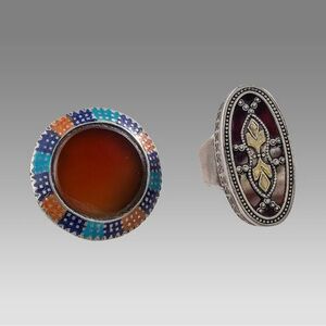 2 Middle Eastern Silver Rings with Enamel and Agate Stone